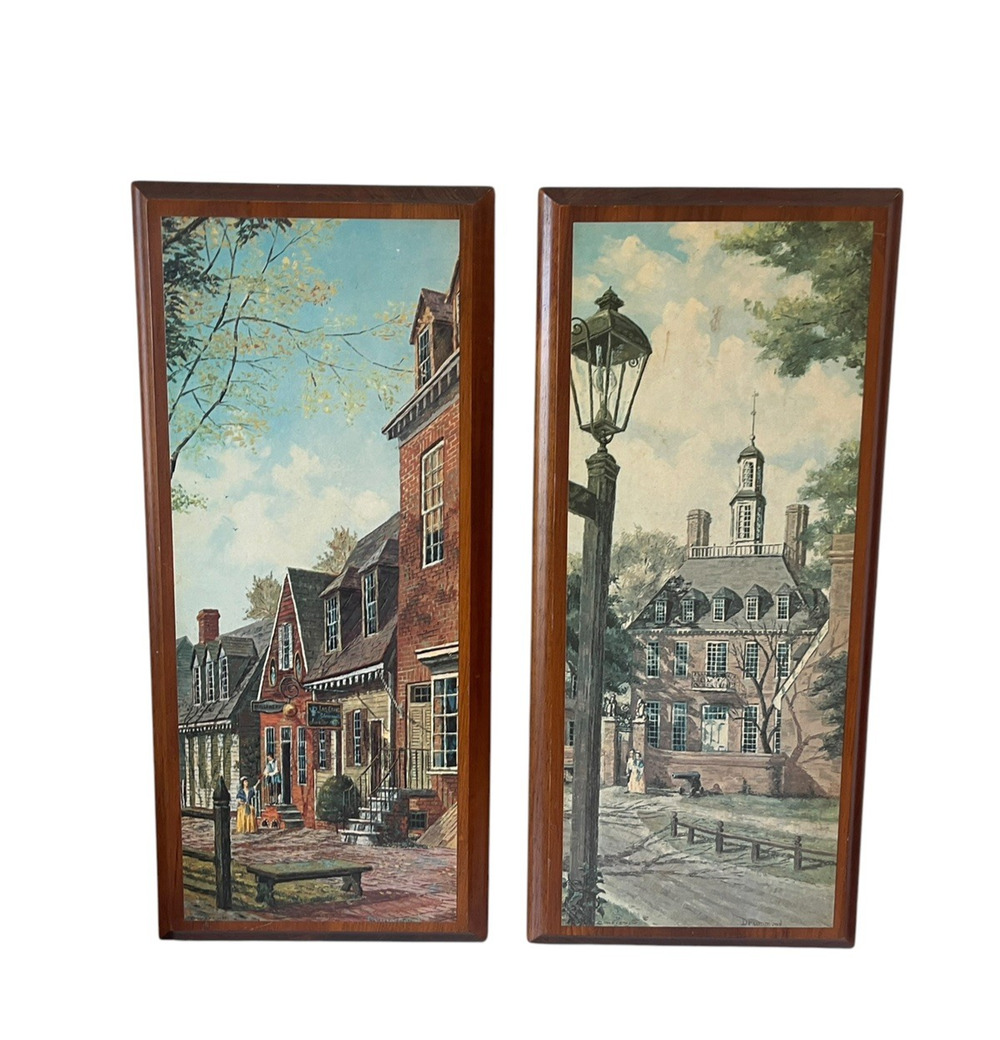 Vintage 1960s George Drummond Williamsburg Virginia Colonial Lithographs On Wood
